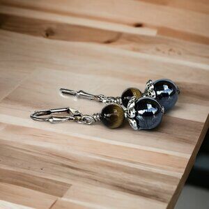 Tigereye and Hematite Silver Earrings